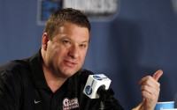 FILE - In this March 18, 2016, file photo, Arkansas Little Rock head coach Chris Beard responds to questions during a news conference as the team prepares for a second-round men's college basketball game in the NCAA Tournament in Denver. Beard has bolted for Texas Tech a week after signing a five-year contract with UNLV. Beard coached Arkansas-Little Rock last season to a school-record 30 wins in his first year as a Division I head coach.  (AP Photo/David Zalubowski, File)