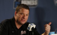 FILE - In this March 18, 2016 file photo, Arkansas Little Rock head coach Chris Beard responds to questions during a news conference as the team prepares for a second-round men's college basketball game in the NCAA Tournament in Denver. Beard has met with Texas Tech about its coaching vacancy, less than two weeks after being named UNLV's coach. UNLV athletic director Tina Kunzer-Murphy issued a statement Thursday, April 14, 2016, saying Beard met with Texas Tech after the school asked permission to speak with him.  (AP Photo/David Zalubowski, File)