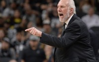 FILE - In this April 10, 2016, file photo, San Antonio Spurs head coach Gregg Popovich yells at a referee during the second half of an NBA basketball game against the Golden State Warriors in San Antonio. The Spurs take on the Memphis Grizzlies in the first round of the NBA playoffs starting Sunday. (AP Photo/Darren Abate, File)