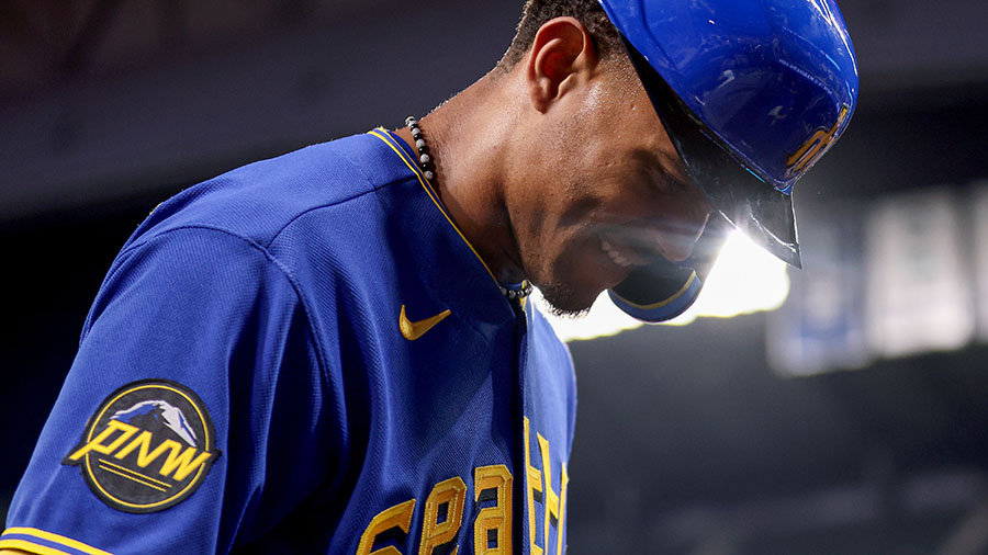 Julio Rodriguez of the Seattle Mariners reacts after hitting a double  News Photo - Getty Images