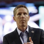 Gonzaga head coach Mark Few watches during the player introduction before the finals of the Final Four NCAA college basketball tournament against North Carolina, Monday, April 3, 2017, in Glendale, Ariz. (AP Photo/Mark Humphrey)