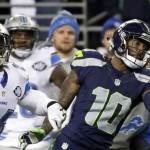 Seattle Seahawks wide receiver Paul Richardson (10) makes a one-handed catch ahead of Detroit Lions cornerback Nevin Lawson, left, in the second half of an NFL football NFC wild card playoff game, Saturday, Jan. 7, 2017, in Seattle. (AP Photo/Elaine Thompson)