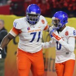 Boise State offensive lineman Rees Odhiambo (71) in the first half during the Fiesta Bowl NCAA college football game against Arizona, Wednesday, Dec. 31, 2014, in Glendale, Ariz. (AP Photo/Rick Scuteri)