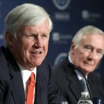 John Stanton, left, who would become the Seattle Mariners' chairman and chief executive officer, speaks during a news conference as current Chairman Howard Lincoln looks on Wednesday, April 27, 2016, in Seattle. Nintendo of America plans to sell its controlling stake in the Mariners to a group of minority owners led by Stanton. Lincoln announced the intended transaction, along with his plan to retire from day-to-day oversight of the franchise. The ownership change is subject to approval by Major League Baseball, which the club hopes to get during league meetings in August. (AP Photo/Elaine Thompson)