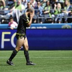 Columbus Crew's Federico Higuain reacts after he missed a shot on goal in the first half of an MLS soccer match against the Seattle Sounders, Saturday, April 30, 2016, in Seattle. The Sounders beat the Crew 1-0. (AP Photo/Ted S. Warren)