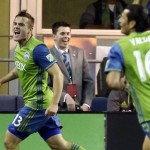 Seattle Sounders' Jordan Morris, left, celebrates with teammate Nelson Valdez, right, after Morris scored a goal against the Philadelphia Union during the second half of an MLS soccer match, Saturday, April 16, 2016, in Seattle. The goal was Morris' first career MLS goal, and the Sounders defeated the Union 2-1. (AP Photo/Ted S. Warren)
