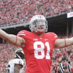 Ohio State tight end Nick Vannett celebrates his touchdown against Michigan during the first quarter of an NCAA college football game Saturday, Nov. 29, 2014, in Columbus, Ohio. (AP Photo/Jay LaPrete)