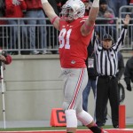 Ohio State tight end Nick Vannett celebrates his touchdown against Rutgers during the first quarter of an NCAA college football game Saturday, Oct. 18, 2014, in Columbus, Ohio. (AP Photo/Jay LaPrete)