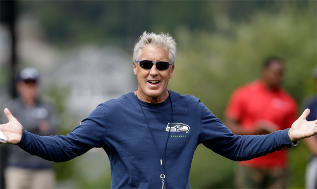 Seattle Seahawks head coach Pete Carroll smiles during the team’s NFL football training camp ...
