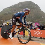 
              Cyclist Kristin Armstrong of the United States rides at the start of the women's individual time trial event at the 2016 Summer Olympics in Pontal beach, Rio de Janeiro, Brazil, Wednesday, Aug. 10, 2016. (AP Photo/Patrick Semansky)
            