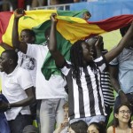 
              Senegal fans cheer during the second half of a women's basketball game against the United States at the Youth Center at the 2016 Summer Olympics in Rio de Janeiro, Brazil, Sunday, Aug. 7, 2016. The United States defeated Senegal 121-56. (AP Photo/Carlos Osorio)
            
