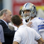 
              Dallas Cowboys quarterback Tony Romo is examined on the sideline after he left the game with an injury during the first half of a preseason NFL football game against the Seattle Seahawks, Thursday, Aug. 25, 2016, in Seattle. (AP Photo/Stephen Brashear)
            