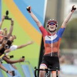 
              Anna Van De Breggen of the Netherlands celebrates after crossing the finishing line to win the women's cycling road race final at the 2016 Summer Olympics in Rio de Janeiro, Brazil, Sunday, Aug. 7, 2016. (AP Photo/Victor R. Caivano)
            