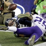 Seattle Seahawks' Tanner McEvoy, left, is called for an offensive pass interference as he tangles up with Minnesota Vikings' Jabari Price in the end zone in the second half of a preseason NFL football game, Thursday, Aug. 18, 2016, in Seattle. (AP Photo/Elaine Thompson)