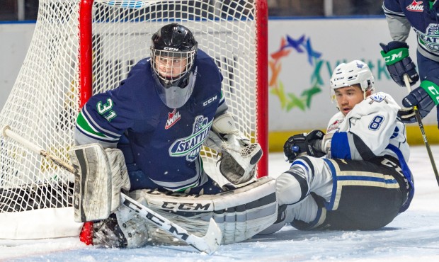 Goalie Rylan Toth made 28 saves to lead Seattle to a 3-1 victory over Victoria. (Brian Liesse)...