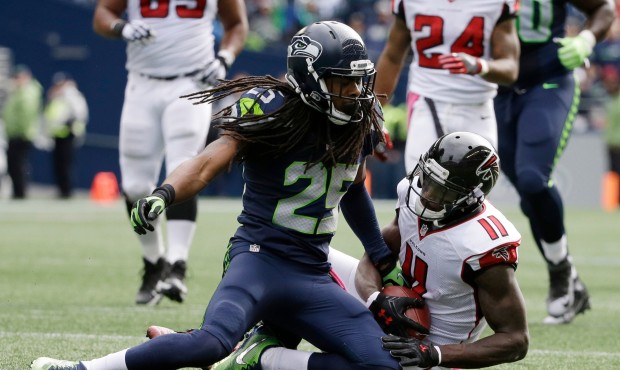 Richard Sherman was noticeably upset on the sideline after Julio Jones scored in the third quarter....
