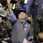 
              Bill Murray celebrates after Game 7 of the Major League Baseball World Series between the Cleveland Indians and the Chicago Cubs Thursday, Nov. 3, 2016, in Cleveland. The Cubs won 8-7 in 10 innings to win the series 4-3. (AP Photo/Gene J. Puskar)
            