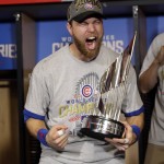 
              Chicago Cubs' Ben Zobrist celebrates after Game 7 of the Major League Baseball World Series against the Cleveland Indians Thursday, Nov. 3, 2016, in Cleveland. The Cubs won 8-7 in 10 innings to win the series 4-3. (AP Photo/David J. Phillip)
            