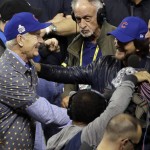 
              Bill Murray and Eddie Vetter celebrate after Game 7 of the Major League Baseball World Series between the Cleveland Indians and the Chicago Cubs Thursday, Nov. 3, 2016, in Cleveland. The Cubs won 8-7 in 10 innings to win the series 4-3. (AP Photo/Gene J. Puskar)
            