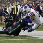 Buffalo Bills wide receiver Robert Woods (10) is pushed out-of-bounds at the goal line by Seattle Seahawks outside linebacker Brock Coyle in the second half of an NFL football game, Monday, Nov. 7, 2016, in Seattle. (AP Photo/John Froschauer)