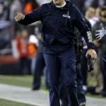 Seattle Seahawks head coach Pete Carroll celebrates the second touchdown catch by Doug Baldwin during the first half of an NFL football game against the New England Patriots, Sunday, Nov. 13, 2016, in Foxborough, Mass. (AP Photo/Steven Senne)