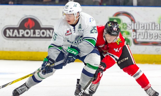 Seattle's Ethan Bear fights for the puck during the T-Birds 2-1 loss against Portland (Brian Liesse...