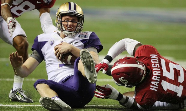 Jake Browning was sacked five times by Alabama in Washington's 24-7 Peach Bowl loss. (AP)...