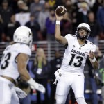 Colorado quarterback Sefo Liufau (13) throws to running back Phillip Lindsay during the first half of the Pac-12 Conference championship NCAA college football game against Colorado on Friday, Dec. 2, 2016, in Santa Clara, Calif. (AP Photo/Marcio Jose Sanchez)