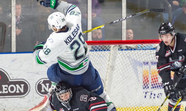 Seattle's Keegan Kolesar crashes the Red Deer net during the T-Birds 4-1 win Tuesday night (Brian L...