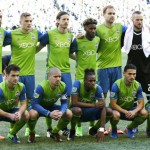 Seattle Sounders players pose for the traditional pre-match team portrait before an MLS soccer match against the New York Red Bulls, Sunday, March 19, 2017, in Seattle. (AP Photo/Ted S. Warren)