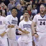 The Gonzaga bench celebrates during the second half of a second-round college basketball game against Northwestern in the men's NCAA Tournament Saturday, March 18, 2017, in Salt Lake City. (AP Photo/Rick Bowmer)