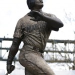 A statue of Seattle Mariners Hall of Famer Ken Griffey Jr. stands in front of the home plate entrance to Safeco Field, Thursday, April 13, 2017, in Seattle. (AP Photo/Ted S. Warren)