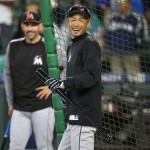Miami Marlins' Ichiro Suzuki smiles as he steps out of the cage during batting practice before a baseball game against his former team, the Seattle Mariners, Monday, April 17, 2017, in Seattle. (AP Photo/Ted S. Warren)