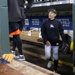 Miami Marlins' Ichiro Suzuki walks out of the dugout during batting practice before a baseball game against his former team, the Seattle Mariners, Monday, April 17, 2017, in Seattle. (AP Photo/Ted S. Warren)