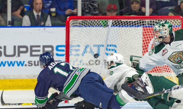 Seattle's Tyler Adams watches as his third period shot finds the back of the net (Brian Liesse/T-Bi...