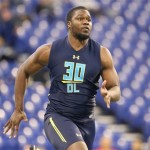 Michigan State defensive end Malik Mcdowell is seen before a drill at the 2017 NFL football scouting combine Sunday, March 5, 2017, in Indianapolis. (AP Photo/Gregory Payan)