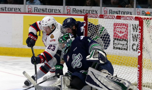 Carl Stankowski makes one of his 31 saves during Seattle's 2-1 overtime win in Game 1 (Keith Hershm...