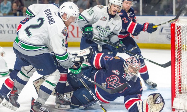 Austin Strand just misses scoring a goal during Seattle's 7-4 win on Friday night (Brian Liesse/T-B...