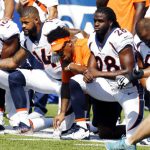 Denver Broncos players, including Jamaal Charles (28) kneel during the national anthem prior to an NFL football game against the Buffalo Bills, Sunday, Sept. 24, 2017, in Orchard Park, N.Y. (AP Photo/Jeffrey T. Barnes)