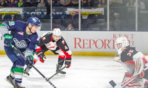 Seattle's Sami Moilanen scores his second of three goals during the T-Birds 5-1 win Friday (Brian L...
