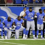 
              Detroit Lions defensive end Armonty Bryant (97), defensive tackle A'Shawn Robinson (91) and defensive end Cornelius Washington (90) take a knee during the national anthem before an NFL football game against the Atlanta Falcons, Sunday, Sept. 24, 2017, in Detroit. (AP Photo/Duane Burleson)
            