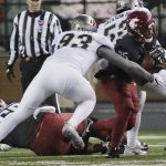 
              Colorado linebacker Michael Mathewes (93) tackles Washington State running back Jamal Morrow (25) during the first half of an NCAA college football game in Pullman, Wash., Saturday, Oct. 21, 2017. (AP Photo/Young Kwak)
            