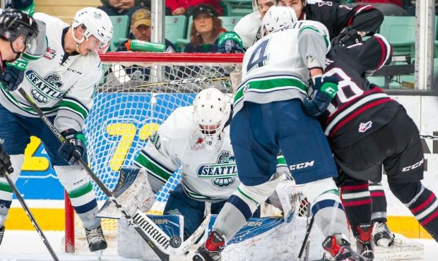 Goalie Liam Hughes makes one of his 36 saves Wednesday during Seattle's 4-2 win in Red Deer (Rob Wa...