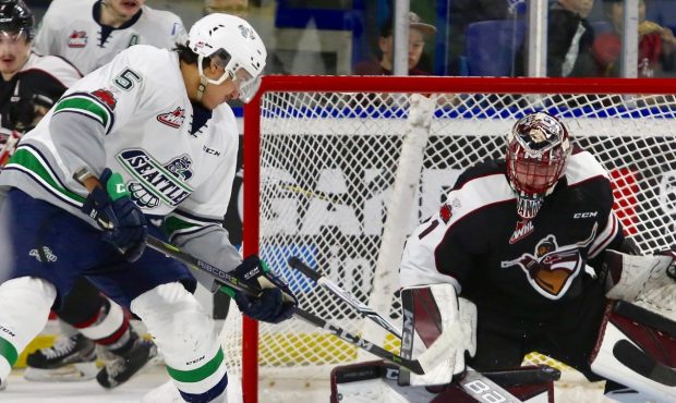 Seattle's Jarret Tyszka scores a second-period goal during the T-Birds 4-3 overtime loss to Vancouv...