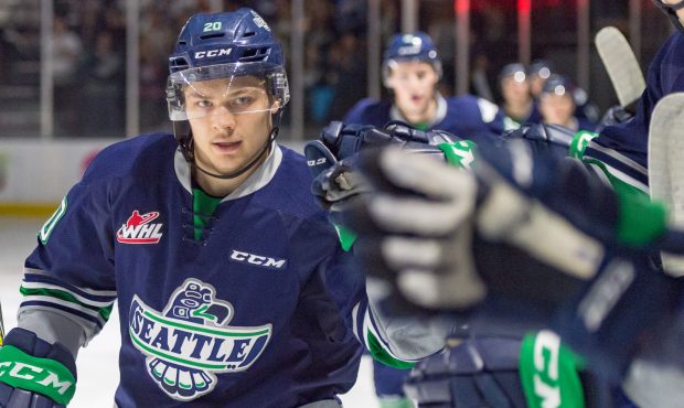 Zack Andrusiak celebrates one of his two goals during the Seattle Thunderbirds 6-3 win against the ...
