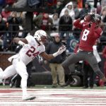 
              Washington State wide receiver Tavares Martin Jr. (8) catches a touchdown pass while defended by Stanford cornerback Quenton Meeks (24) during the first half of an NCAA college football game in Pullman, Wash., Saturday, Nov. 4, 2017. (AP Photo/Young Kwak)
            