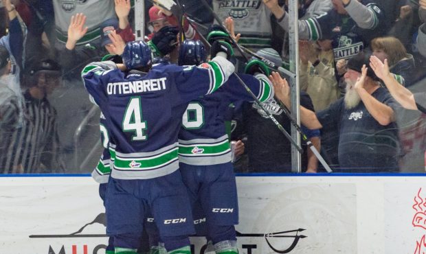 The T-Birds mob Nolan Volcan after his game-winning goal during Seattle's 2-0 win against Everett (...