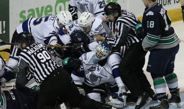 Victoria goalie Griffen Outhouse gets involved in a scrum during the Royals 2-1 win over the T-Bird...