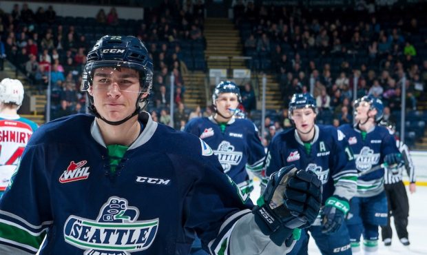 Dillon Hamaliuk skates to the bench to celebrate his first period goal against  Kelowna Friday nigh...