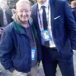 There's a familiar face: Seahawks tight end Luke Willson greets The Professor on opening night of Super Bowl week.